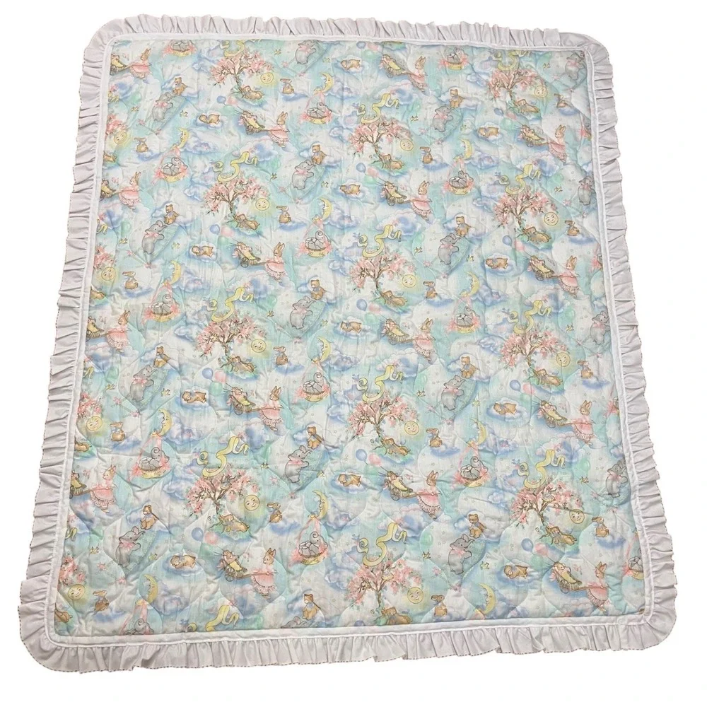 Bunny and Bear Quilted Baby Blanket Ruffle Moon Stars‎ Floor Blanket 49